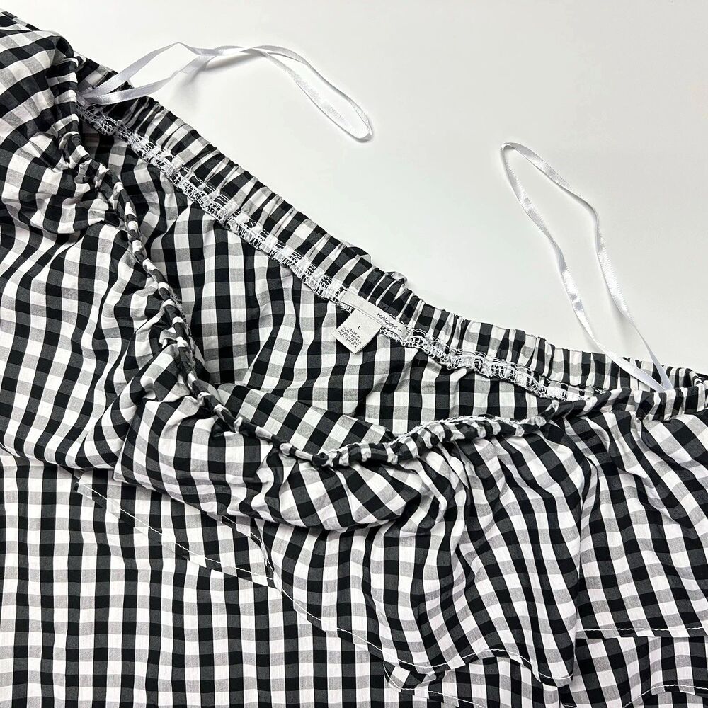 Halogen Women's One Shoulder Ruffle Accent Gingham Top Size Large Black & White - Picture 6 of 11